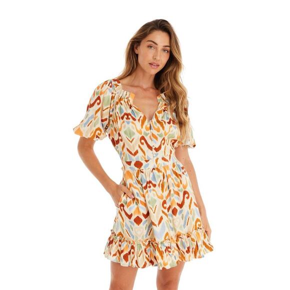 Allison Alice Puff Sleeve V Neck Mini Dress Ivory Ikat Cotton Lined XS 2 NEW - Picture 3 of 6